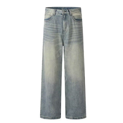 Loose and casual men's streetwear brand straight-leg denim trousers with a sense of street design