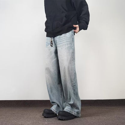 Loose and casual men's streetwear brand straight-leg denim trousers with a sense of street design