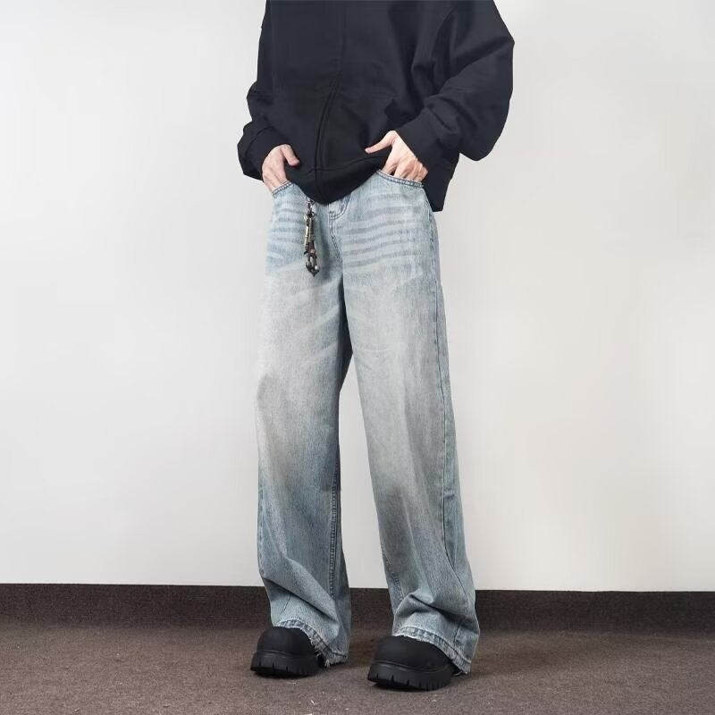 Loose and casual men's streetwear brand straight-leg denim trousers with a sense of street design