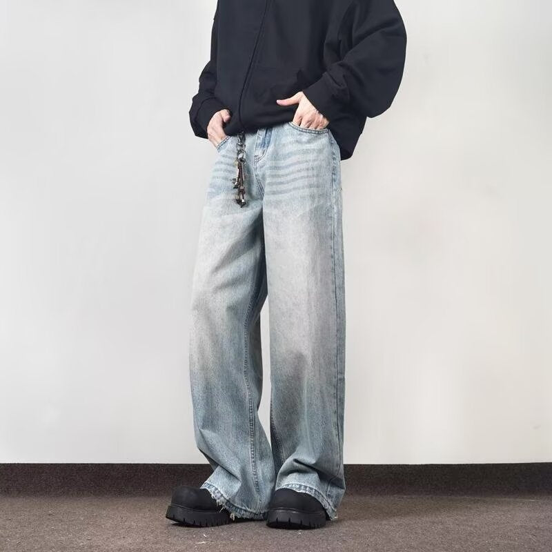 Loose and casual men's streetwear brand straight-leg denim trousers with a sense of street design