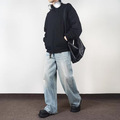 Loose and casual men's streetwear brand straight-leg denim trousers with a sense of street design